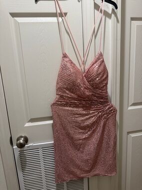 ADORA Rose Pink Sequin Ruched Mini Dress with Crisscross Straps